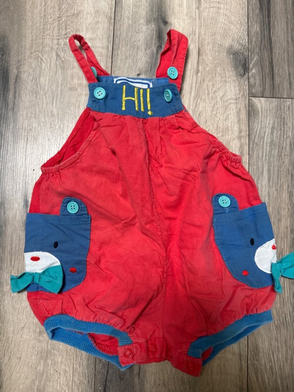 Vintage Bonjour Baby Red Cotton Romper With Bear Pockets & HI Embroidery 12M